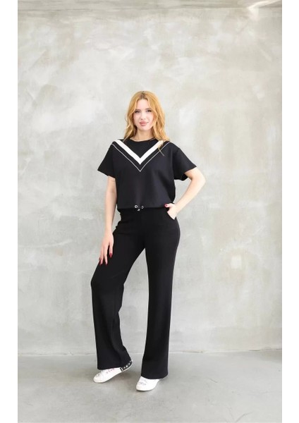 Osy Modal Yumuşak Dokulu Kumaş Bisiklet Yaka Parçalı Detaylı Kısa Kollu Takım - Siyah fırsatları