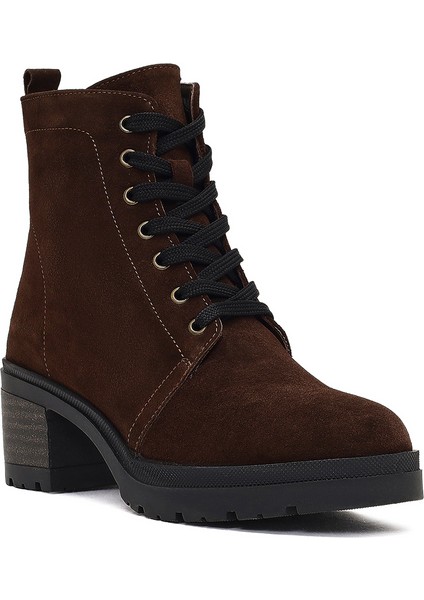 Kadın Kahverengi Fermuarlı Kalın Topuklu Süet Deri Bot 25WFD340310