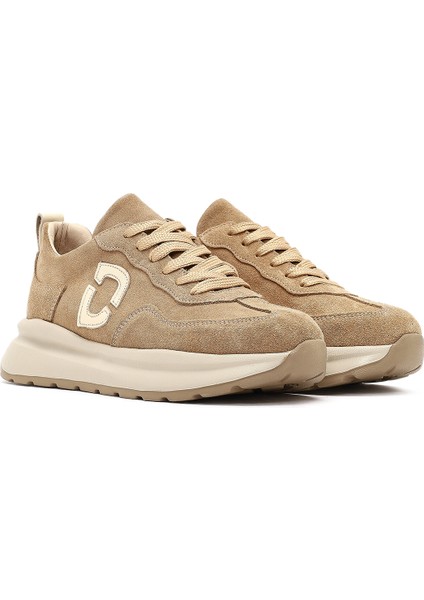 Kadın Bej Bağcıklı Kalın Tabanlı Süet Deri Sneaker 25AFD221110 modelleri