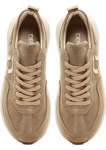 Kadın Bej Bağcıklı Kalın Tabanlı Süet Deri Sneaker 25AFD221110