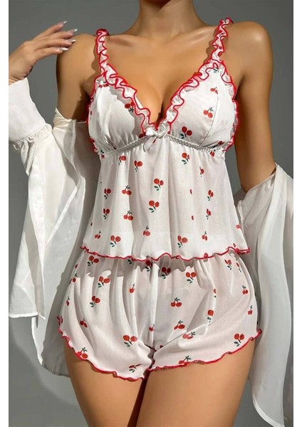 Beyaz Kiraz Desenli Kadın Şortlu Pijama Takımı fırsatları
