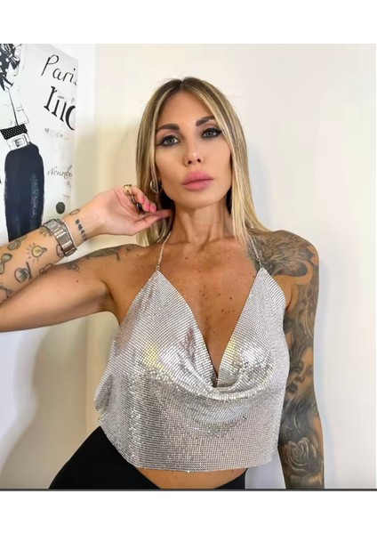 Parlak Gümüş Crop & Bluz Kolsuz Kayık Yaka Zırh Büstiyer