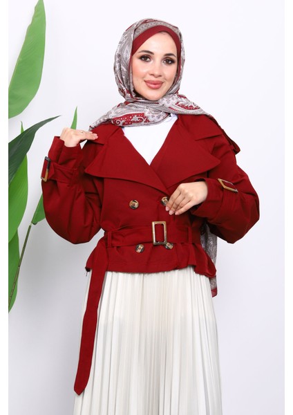 Bordo Kruvaze Yaka Kemerli Kısa Trençkot