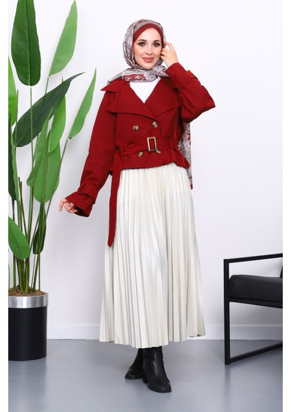 Bordo Kruvaze Yaka Kemerli Kısa Trençkot fiyatları