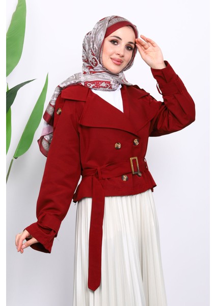 Bordo Kruvaze Yaka Kemerli Kısa Trençkot modelleri