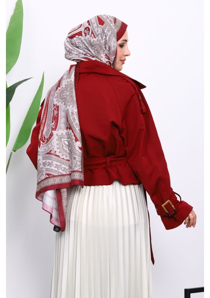 Bordo Kruvaze Yaka Kemerli Kısa Trençkot fırsatları