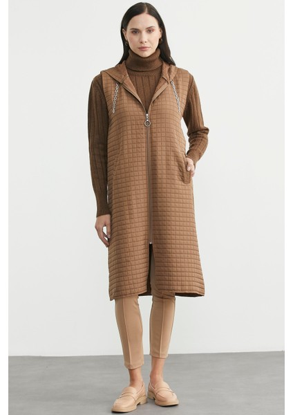 Kapüşonlu Astarsız Tunik Boy Yelek - Vizon