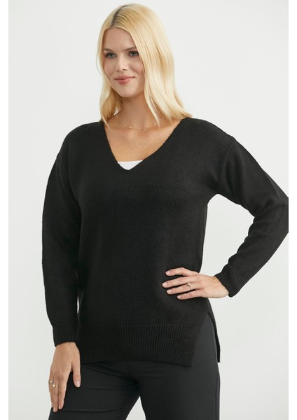 Yumuşak Dokulu V Yaka Triko Kazak - Siyah fırsatları