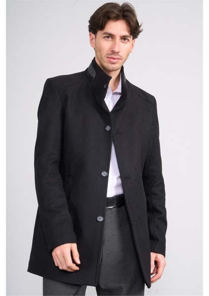 Çetinkaya Mentality 7850 Erkek Dik Yaka Regular Kaşe Kaban Siyah
