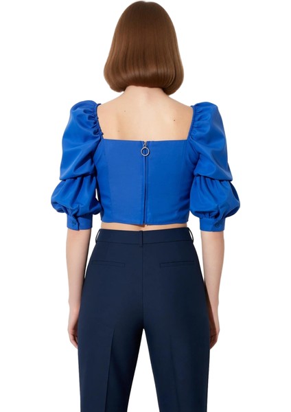 Moda Kare Yaka Dokuma Fit Düz Desen Casual Günlük Crop Truvakar Kol Kol Bluz modelleri