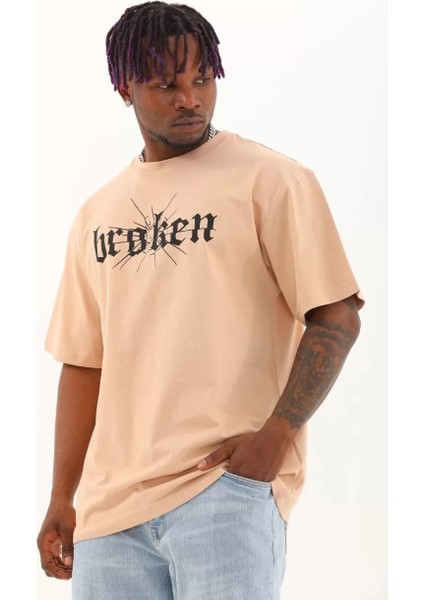 Unisex Oversize Baskılı Bisiklet Yaka T-Shirt - Bej