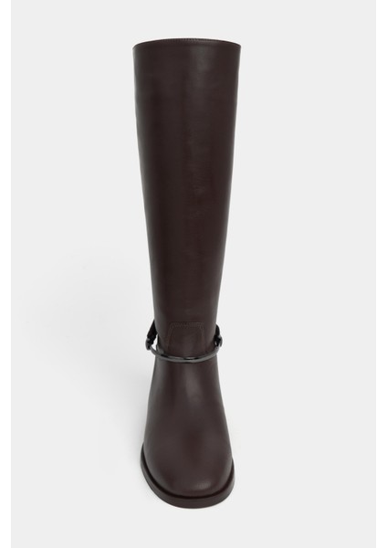 Melenia Kahve Mat Hakiki Deri Kalın Topuk Metal Aksesuarlı Kadın Biker Çizme indirimleri