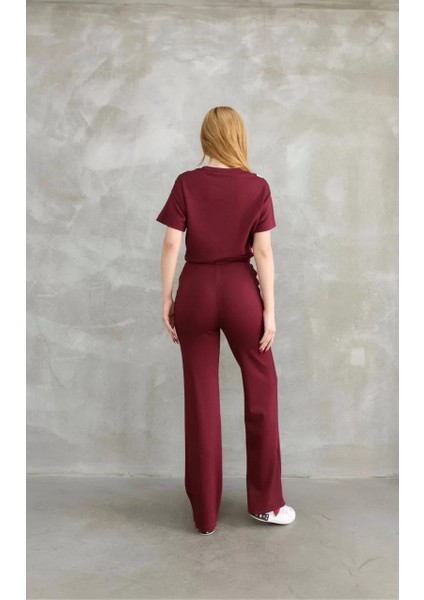 Osy Modal Yumuşak Dokulu Kumaş Bisiklet Yaka Parçalı Detaylı Kısa Kollu Takım - Bordo fiyatları