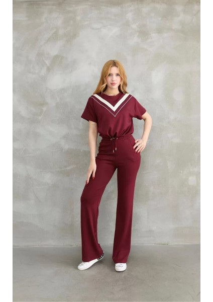 Osy Modal Yumuşak Dokulu Kumaş Bisiklet Yaka Parçalı Detaylı Kısa Kollu Takım - Bordo modelleri