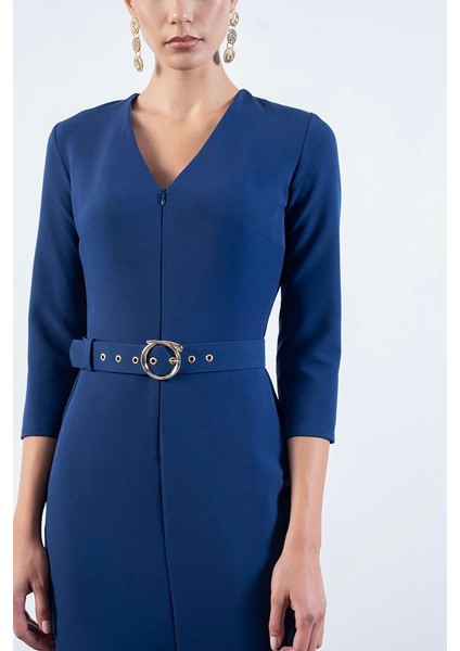 Tigerman V Yaka Fermuarlı Önde Yırtmaçlı Kemerli Elbise Saks modelleri