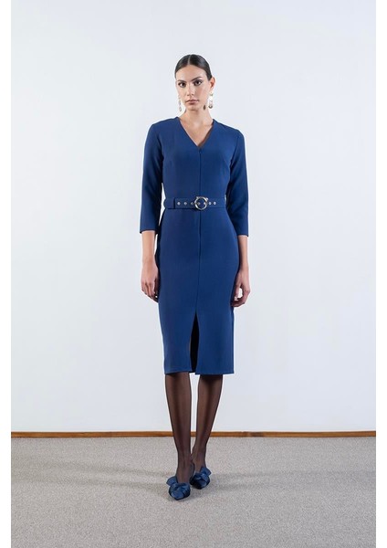 Tigerman V Yaka Fermuarlı Önde Yırtmaçlı Kemerli Elbise Saks fırsatları