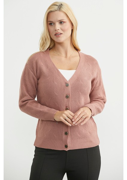 Metal Düğmeli Oversize Triko Hırka - Gül modelleri