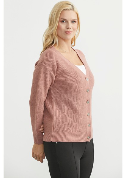 Metal Düğmeli Oversize Triko Hırka - Gül indirimleri