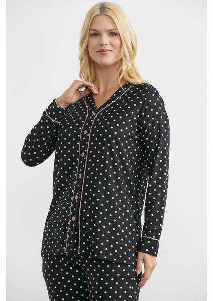 Biyeli Gömlek Model Pijama Takım - Siyah