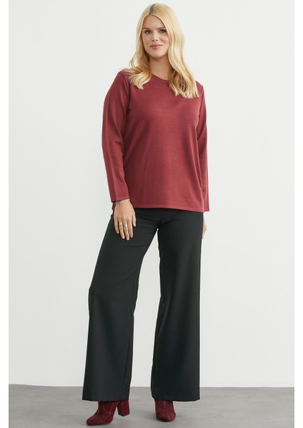 Yuvarlak Yaka Uzun Basic Triko Kazak - Bordo