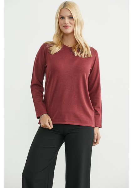 Yuvarlak Yaka Uzun Basic Triko Kazak - Bordo fiyatları