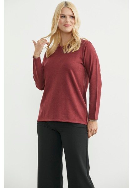 Yuvarlak Yaka Uzun Basic Triko Kazak - Bordo fırsatları