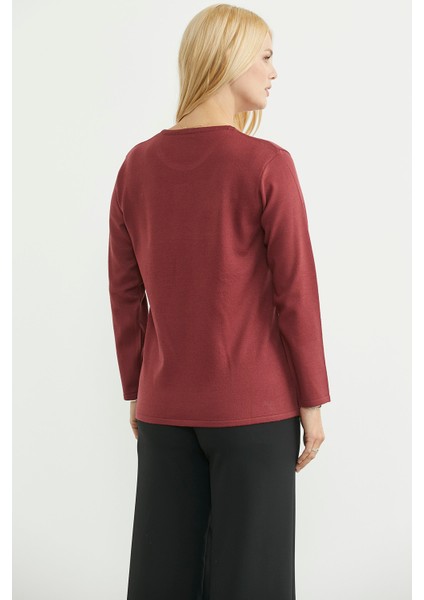 Yuvarlak Yaka Uzun Basic Triko Kazak - Bordo indirimleri