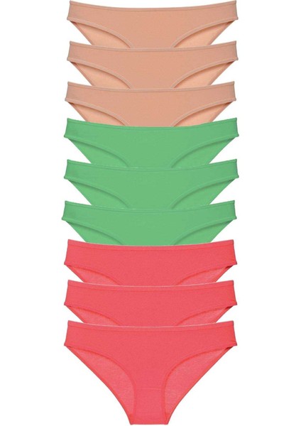 9 Adet Süper Eko Set Likralı Kadın Slip Külot Ten Yeşil Fuşya