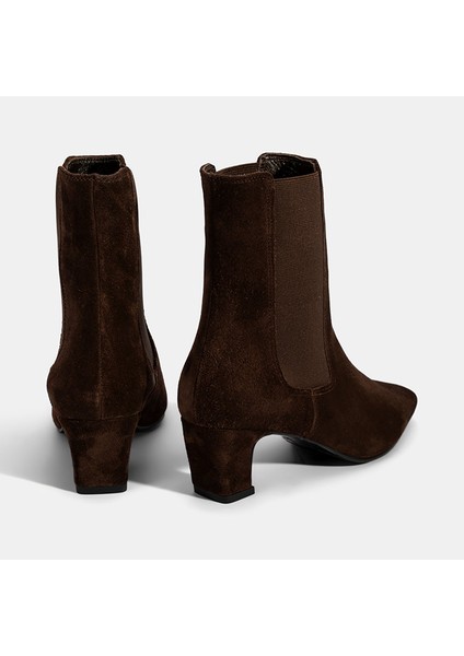 Kadın Kahve Lastikli Topuklu Süet Deri Bot