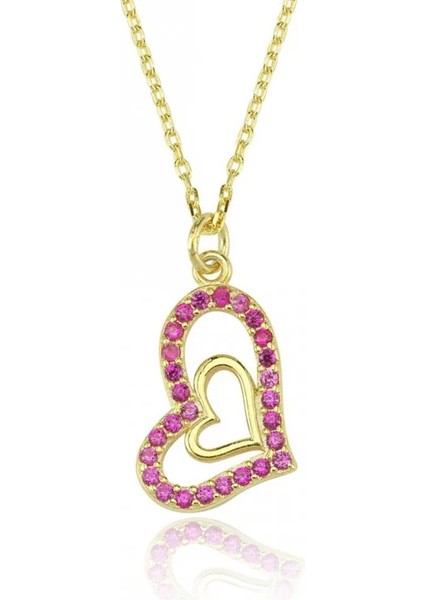 Kadın Kolye – Iç Içe Geçmiş Kalp Tasarım, Fuşya Zirkon Taşlı Altın Kaplama, Kararmaz Çelik Kolye