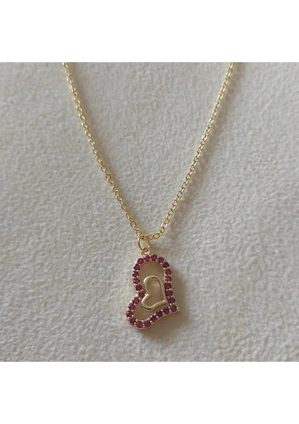 Kadın Kolye – Iç Içe Geçmiş Kalp Tasarım, Fuşya Zirkon Taşlı Altın Kaplama, Kararmaz Çelik Kolye indirimleri