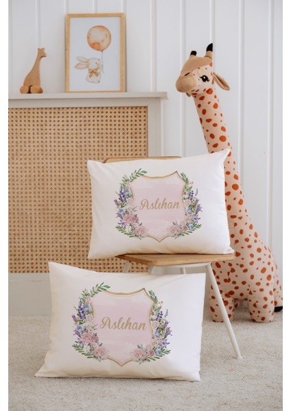 %100 Pamuk Isme Özel 2li Ekru Bebek Yastık Kılıfı 35X45 Cm-Çiçek Çemberi