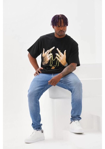 Unisex Baskılı Oversize T-Shirt - Siyah modelleri