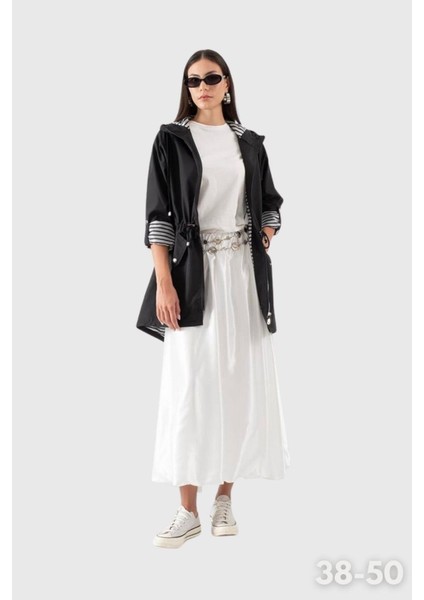 Clemente Kapüşonlu Ayarlanabilir Beli Büzgülü Katlamalı Kol Mont Siyah indirimleri