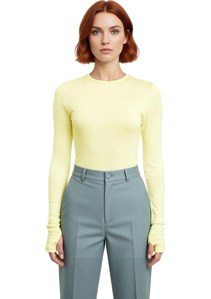 Kadın Regular Bisiklet Yaka Slim Kalıp Örme Viskon Yumuşak Kumaşlı Parmak Geçme Detaylı Esnek Bluz fiyatları