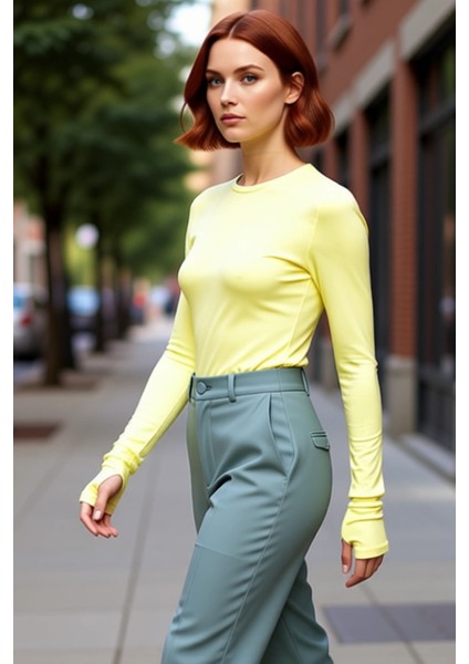 Kadın Regular Bisiklet Yaka Slim Kalıp Örme Viskon Yumuşak Kumaşlı Parmak Geçme Detaylı Esnek Bluz fırsatları