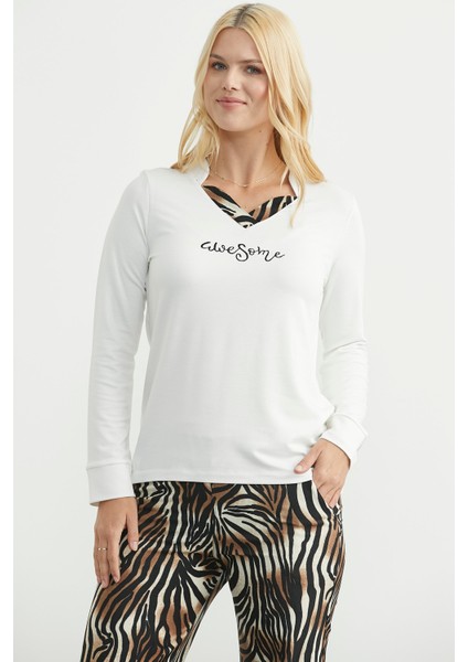 Leopar Kombinli Pijama Takım - Ekru