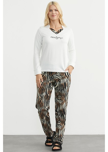 Leopar Kombinli Pijama Takım - Ekru fırsatları