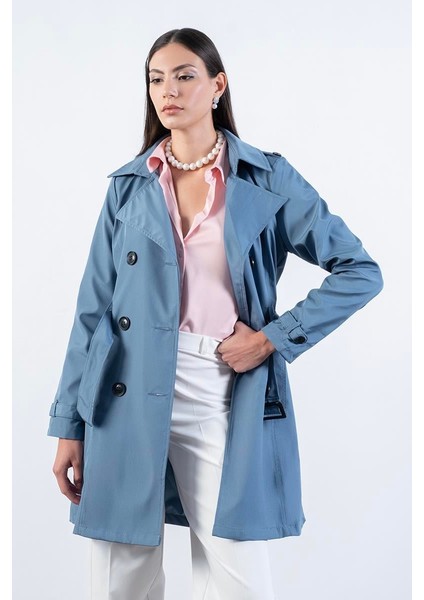 Pallaske Kruvaze Yaka Kuşaklı Cepli Trençkot Indigo