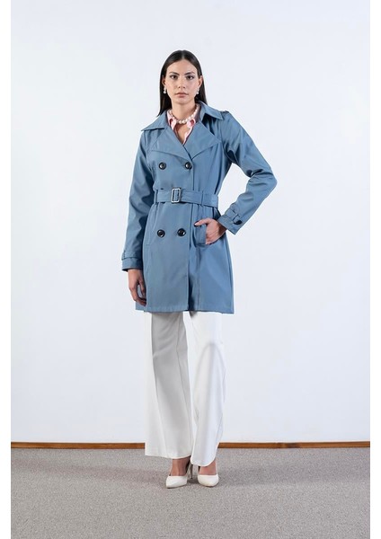 Pallaske Kruvaze Yaka Kuşaklı Cepli Trençkot Indigo