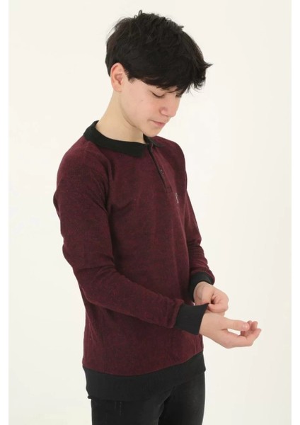 Çocuk Kırmızı Selanik Yaka Nakışlı Triko Kazak