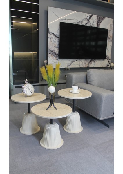 Milano Zigon Sehpa Traverten Mdf (Komple Krem) - Zigon Sehpa 3'lü