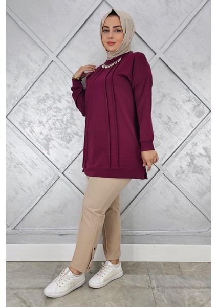 Kadın Nervür Dikim Inci Kolye Detaylı Tesettür Tunik