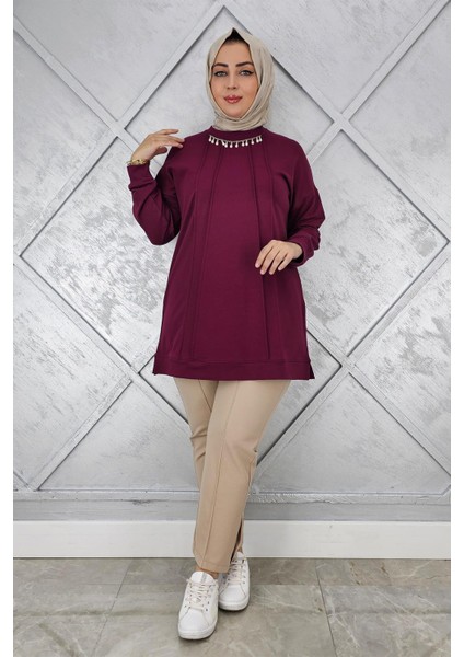 Kadın Nervür Dikim Inci Kolye Detaylı Tesettür Tunik modelleri
