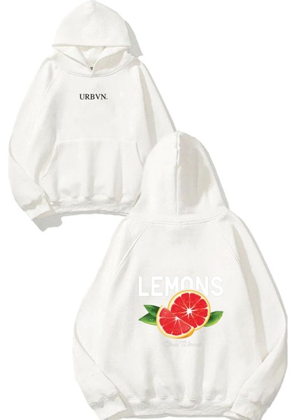 Lemons Tasarım Baskılı Oversize Beyaz Kapüşonlu Sweatshirt