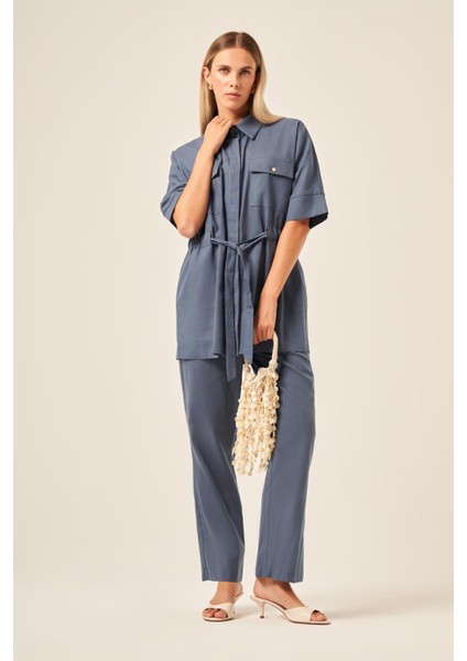 Ftz Kadın Keten Takım Mavi 31196