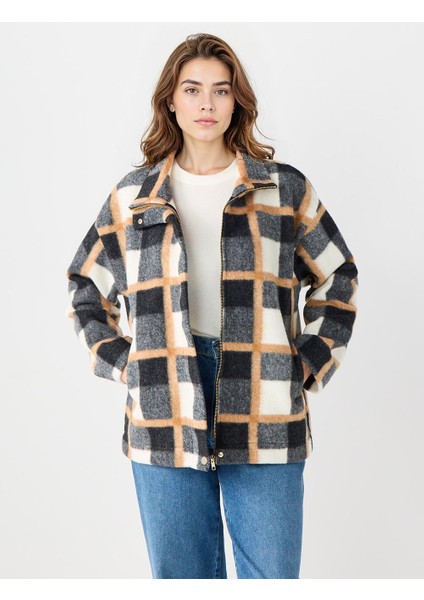 Antrasit Rahat Kesim Ekose Desenli Fermuarlı Kaşe Ceket