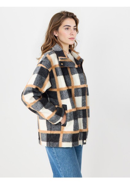 Antrasit Rahat Kesim Ekose Desenli Fermuarlı Kaşe Ceket fırsatları