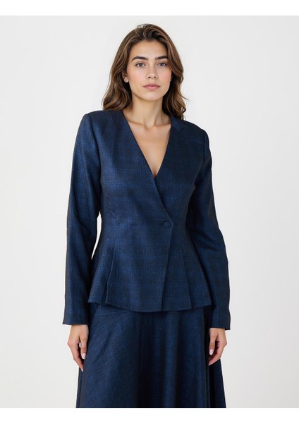 Lacivert Dar Kesim Ekose Desenli Dokuma Ceket