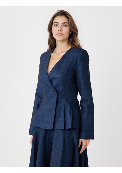 Lacivert Dar Kesim Ekose Desenli Dokuma Ceket modelleri